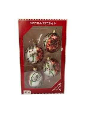 Holiday Time Classic Glittering Christmas Ornament Set (4) Vintage NOS